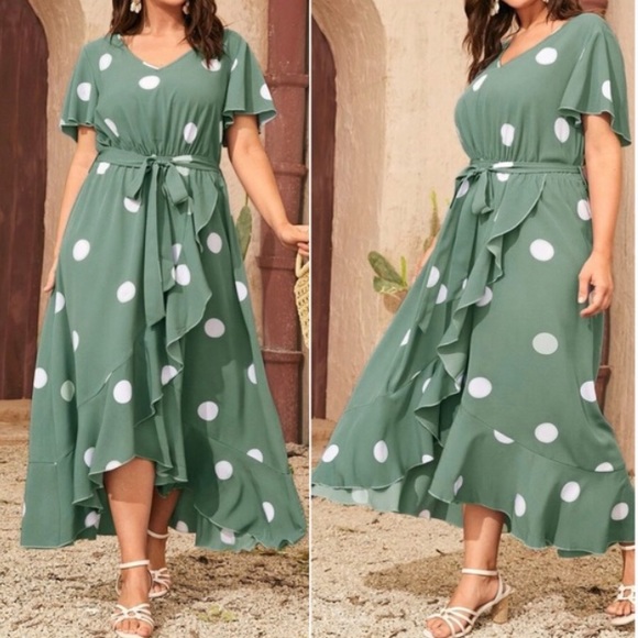 Plus Boho Blue  Polka Dot Ruffle Maxi Dress - Picture 5 of 11